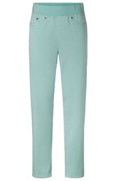 Hose in mintgrün, gerade geschnitten, elastischer Bund ohne Verschluss, zwei vordere Taschen, einfache Gestaltung ohne Muster