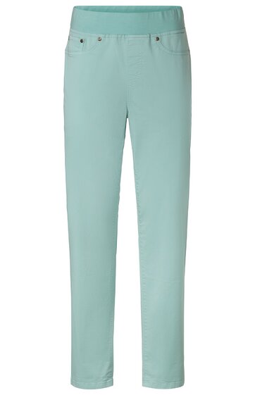 Hose in mintgrün, gerade geschnitten, elastischer Bund ohne Verschluss, zwei vordere Taschen, einfache Gestaltung ohne Muster