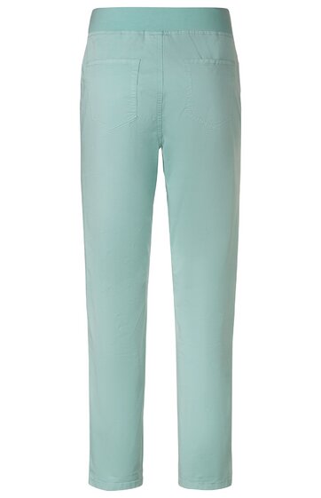 Hellgrüne Hose ohne Muster, elastischer Bund, gerade geschnitten, ohne sichtbare Verschlüsse, lange Länge