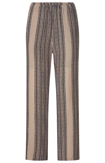 Hose in Beige mit schwarzen vertikalen Streifen und Muster, gerade geschnitten, mit elastischem Bund