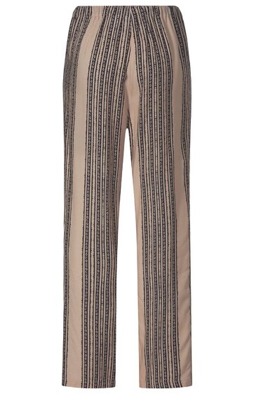 Hosenbein-lange Hose in Beige mit schwarzen vertikalen Streifen, gerade geschnitten, elastischer Bund ohne sichtbare Verschlüsse
