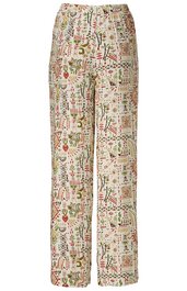 Helle Hose mit buntem abstraktem Muster aus Blättern und Formen, gerade geschnitten, gefaltet auf hellem Hintergrund