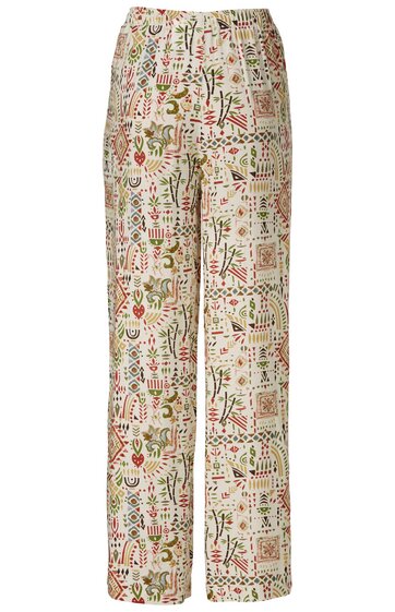Helle Hose mit buntem abstraktem Muster aus Blättern und Formen, gerade geschnitten, gefaltet auf hellem Hintergrund