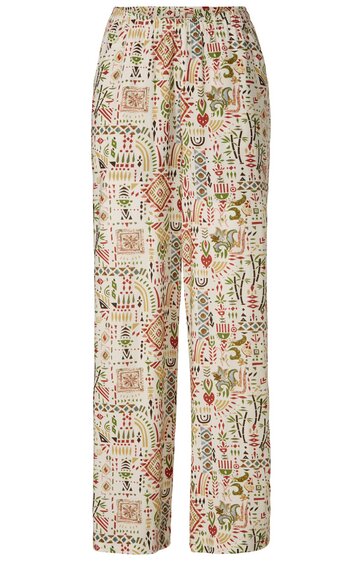 Locker geschnittene lange Hose in Beige mit buntem ethnischem Muster, elastischer Bund, gerade geschnittene Beine