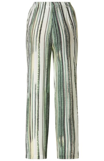 Hose in Weiß mit vertikalen Streifen in verschiedenen Grüntönen, gerader Schnitt, elastischer Bund, ohne sichtbare Verschlüsse oder Taschen