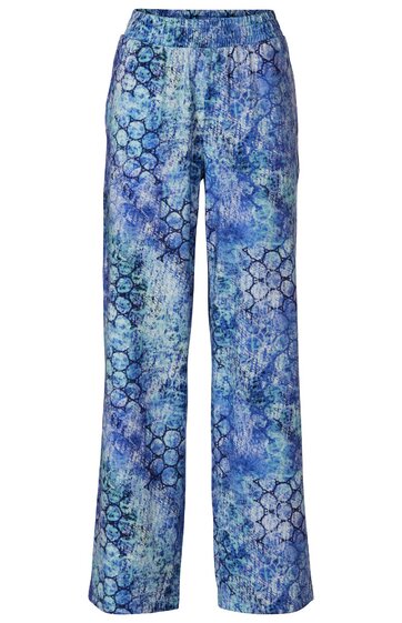 Locker geschnittene Hose in Blautönen mit abstraktem Muster aus Kreisen und Linien, gerader Schnitt, elastischer Bund ohne sichtbare Verschlüsse