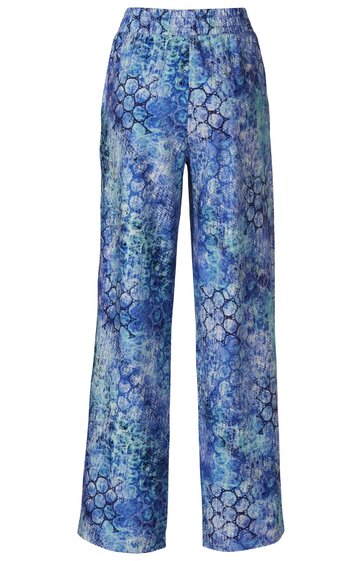Hose mit weitem Bein, blauer, hellblauer und weißer Batik-Muster, elastischer Bund, lange Länge