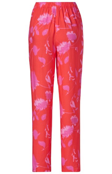 Rote Damenhose mit rosa Blumenmuster, gerade geschnitten, elastischer Taillenbund mit Raffung, keine sichtbaren Verschlüsse