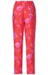 Rote Damenhose mit rosa Blumenmuster, gerade geschnitten, elastischer Taillenbund mit Raffung, keine sichtbaren Verschlüsse