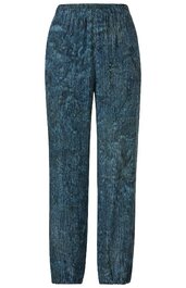 Hose in dunklem Blau mit hellem, unregelmäßigem Punktemuster, elastischer Bund, gerader Schnitt, lang, kein sichtbarer Verschluss