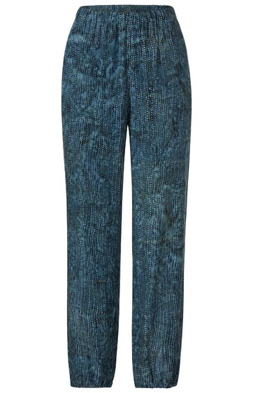Hose in dunklem Blau mit hellem, unregelmäßigem Punktemuster, elastischer Bund, gerader Schnitt, lang, kein sichtbarer Verschluss