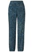 Hose in dunklem Blau mit hellem, unregelmäßigem Punktemuster, elastischer Bund, gerader Schnitt, lang, kein sichtbarer Verschluss