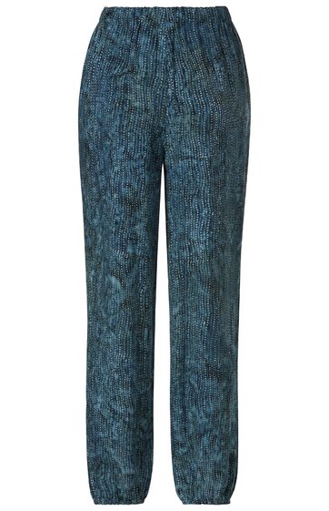 Locker geschnittene Hose in dunkelgrün und blaugrau mit unregelmäßigem Muster, elastischer Bund, gerade geschnittene Beine mit elastischen Säumen