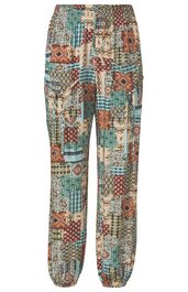 Weite Hose mit elastischem Bund und Fußabschluss, mehrfarbig mit quadratischem Patchwork-Muster in Braun, Beige, Türkis und Rostrot, lange Beine, lockere Passform