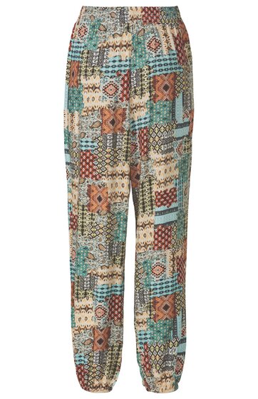 Hose mit buntem Patchworkmuster in Blau, Braun und Beige, lockere Passform, elastischer Bund, elastische Bündchen am Beinende
