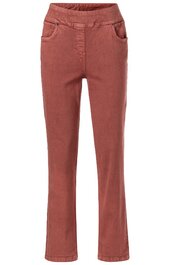 Rote Damenhose in gerader Form, elastischer Bund ohne Verschluss, zwei vordere Taschen, schlichte Optik ohne Muster