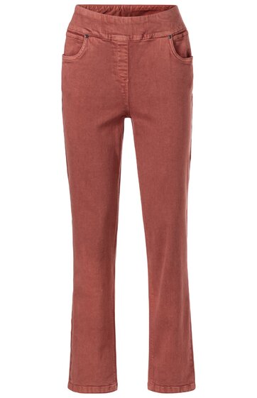 Rote Damenhose in gerader Form, elastischer Bund ohne Verschluss, zwei vordere Taschen, schlichte Optik ohne Muster