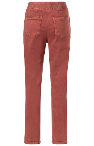 Rostrote Hose ohne Muster, gerade geschnitten, mit zwei aufgesetzten Gesäßtaschen, elastischer Bund, lang, sichtbar von hinten