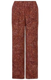 Rote Hose mit floralem Muster in Beige und Dunkelrot, gerade geschnitten, elastischer Bund, lange Beinlänge