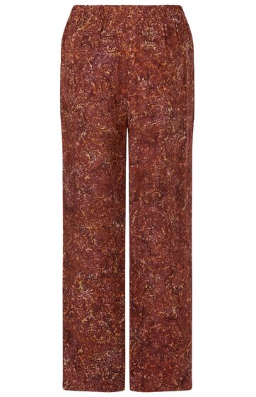 Weite Hose in rostbraun mit mehrfarbigem, abstraktem Muster, elastischer Bund, gerade geschnitten