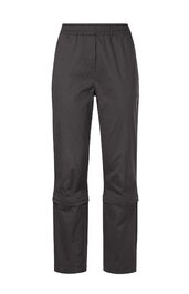 Dunkelgraue lange Hose, durchgehender elastischer Bund, gerade geschnitten, schmal zulaufende Beine, sichtbar genähte Kniepartien, keine Taschen sichtbar