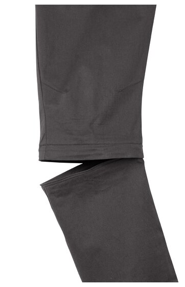 Hose in dunkelgrau, einfarbig, gerade geschnitten, sichtbare Naht am Saum, lang, ohne Muster oder zusätzliche Details