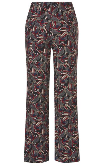 Hose in Schwarz mit abstraktem Muster aus Bögen in Rot, Beige und Blau, gerader Schnitt, Gummibund, seitliche Eingrifftaschen