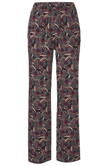 Hose in Dunkelgrau mit abstraktem Muster aus roten, weißen und schwarzen Bögen, gerade geschnitten, gerader Bund ohne sichtbare Verschlüsse