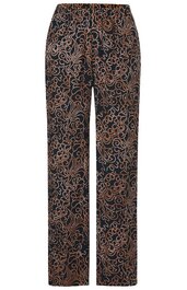 Schwarze Hose mit beigen, geschwungenen Linien als Muster, gerade geschnitten, elastischer Bund mit Kordel, lockere Passform