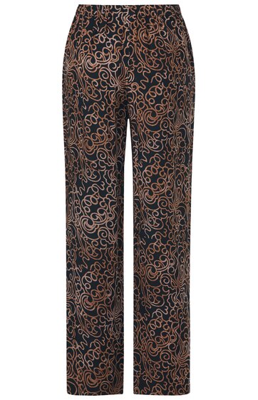 Hose in Schwarz mit braunem Ornamente-Muster, gerade geschnitten, hoher Bund, keine sichtbaren Verschlüsse oder Taschen
