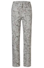 Hose für Damen in hellem Grau mit floralem Muster in gedeckten Farben, gerade geschnitten, Bund mit drei sichtbaren Knöpfen, seitliche Eingrifftaschen