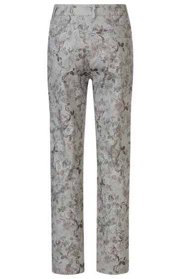 Hose für Damen, hellgrau mit floralem Muster in dunkleren Grautönen und Rosé, gerader Schnitt, elastischer Bund ohne sichtbare Verschlüsse