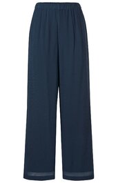 Dunkelblaue, weit geschnittene Hose mit elastischem Bund, gerade geschnittene lange Beine, schlichte Ausführung ohne Muster oder sichtbare Details