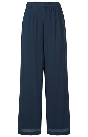 Dunkelblaue, weit geschnittene Hose mit elastischem Bund, gerade geschnittene lange Beine, schlichte Ausführung ohne Muster oder sichtbare Details
