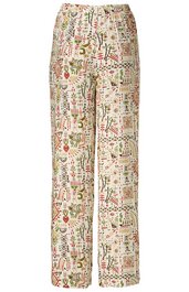 Helle Hose mit buntem abstraktem Muster aus Blättern und Formen, gerade geschnitten, gefaltet auf hellem Hintergrund