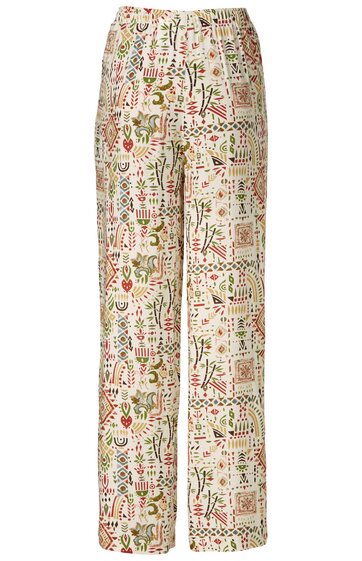 Helle Hose mit buntem abstraktem Muster aus Blättern und Formen, gerade geschnitten, gefaltet auf hellem Hintergrund