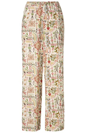 Locker geschnittene lange Hose in Beige mit buntem ethnischem Muster, elastischer Bund, gerade geschnittene Beine