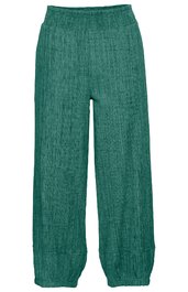 Locker geschnittene Hose in tannengrün, einfarbig, elastischer Bund, breite Beine, gesmokte Bündchen am Saum