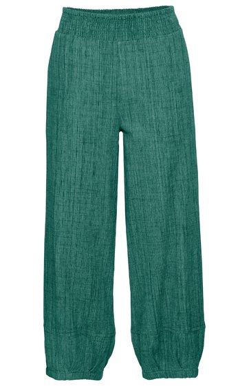 Locker geschnittene Hose in tannengrün, einfarbig, elastischer Bund, breite Beine, gesmokte Bündchen am Saum