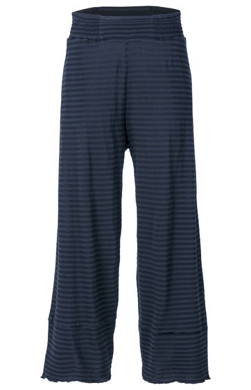 Dunkelblaue Hose mit schwarzen, horizontalen Streifen, weite Beine, elastischer Bund, knie- bis wadenlang