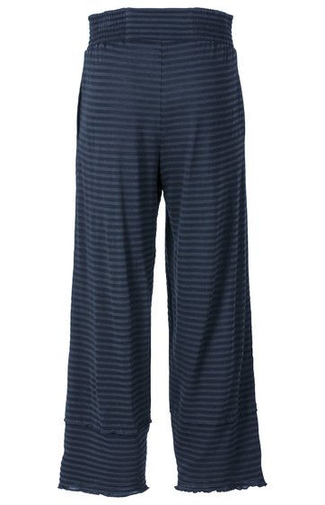Dunkelblaue Hose mit schwarzen horizontalen Streifen, hohe Taille, weites Bein, elastischer Bund, unifarben gesäumter Beinsaum ohne Verschluss