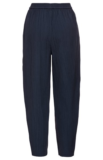 Dunkelblaue Hose ohne Muster, gerade geschnitten, elastischer Bund, lange Beine