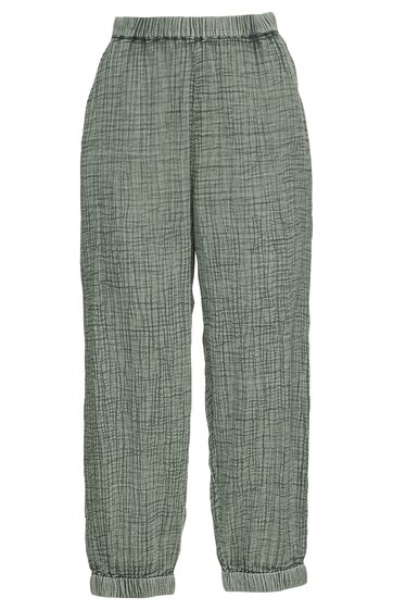 Grau-grüne, karierte Hose mit elastischem Bund und elastischen Beinabschlüssen, gerader Schnitt, ohne sichtbare Taschen oder Knöpfe