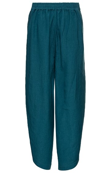 Locker geschnittene Hose in dunklem Petrol, elastischer Bund, gerade Form, ohne Muster, ohne sichtbare Taschen, ohne Verschluss