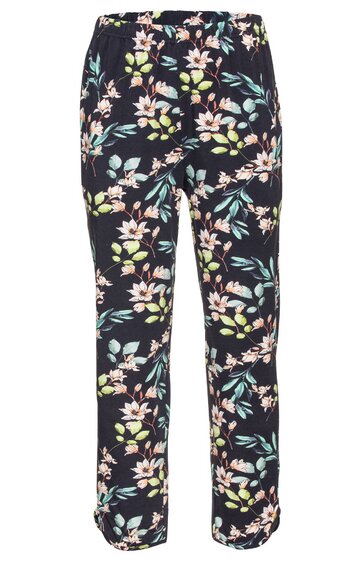 Schwarze Damenhose mit buntem Blumendruck, gerade geschnitten, elastischer Bund, knöchellang