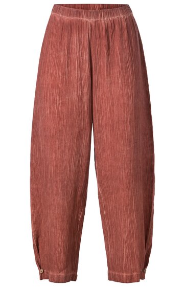 Rostrote lockere Hose mit Faltenoptik, hoher Bund, gerade geschnittene Beine, Knopfdetails an den Beinenden