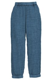 Damenhose in Taubenblau mit feinem Karomuster, elastischer Bund mit Plisseefalten, gerade geschnittene Beine, elastische Bündchen an den Hosenbeinen