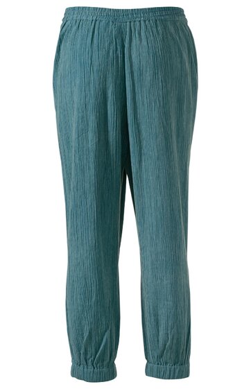 Hose in blaugrün, unifarben, elastischer Bund, gerade geschnitten, Bündchen am Saum