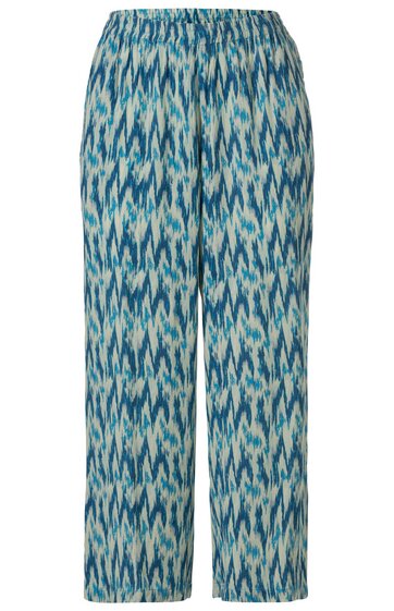 Locker geschnittene Hose in Blau und Weiß gemustert, elastischer Bund, gerade geschnittene Beine, knöchellang