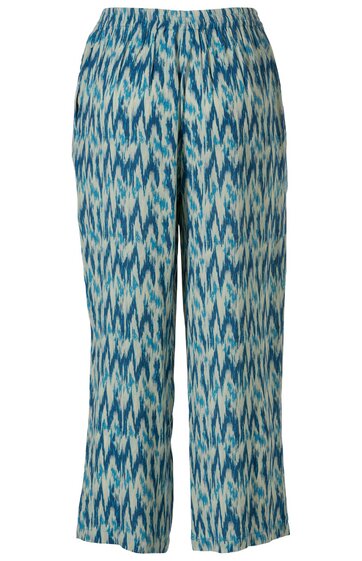 Hose in Blau und Weiß mit abstraktem Zickzack-Muster, gerader Schnitt, elastischer Bund, knöchellang